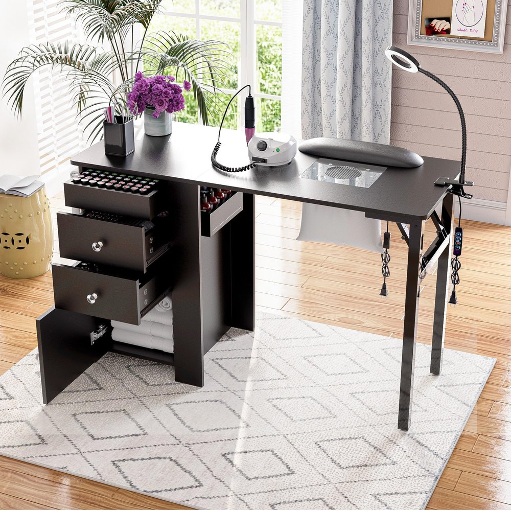 Foldable Nail Table with Dust Collector, Manicure Desk for Nail Tech,with LED Lamp, Wrist Rest, Rolling Nail Table for Salon, Home Beauty Workstation, Compact Nail Station with Storage (Black)