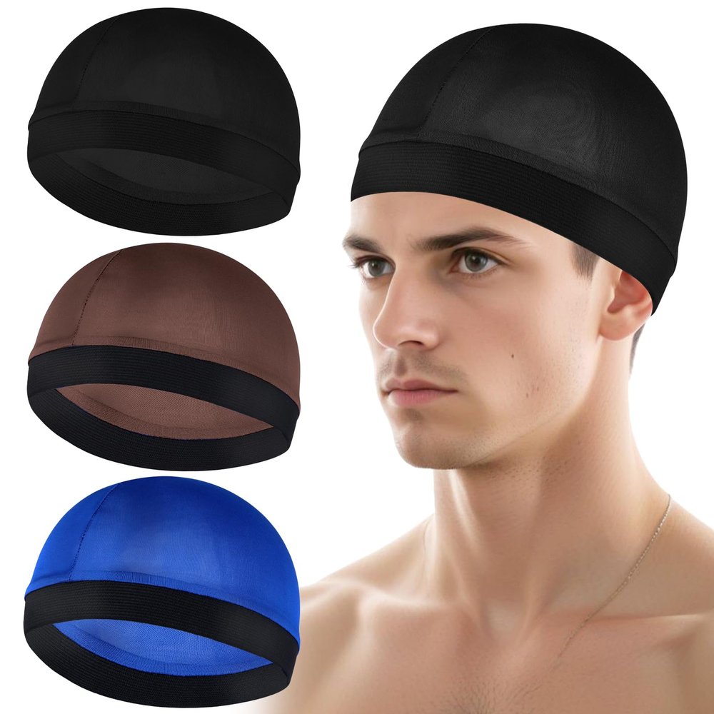 3Pcs Wave Cap Silky Elastic Band Caps Soft Breathable Hair Wrap Satin Sleeping Shower Cap Hair Bonnet for Sleep Unisex Beanie Cap Beanies Hat for Men Women Athletes (Black, Royal Blue, Brown)