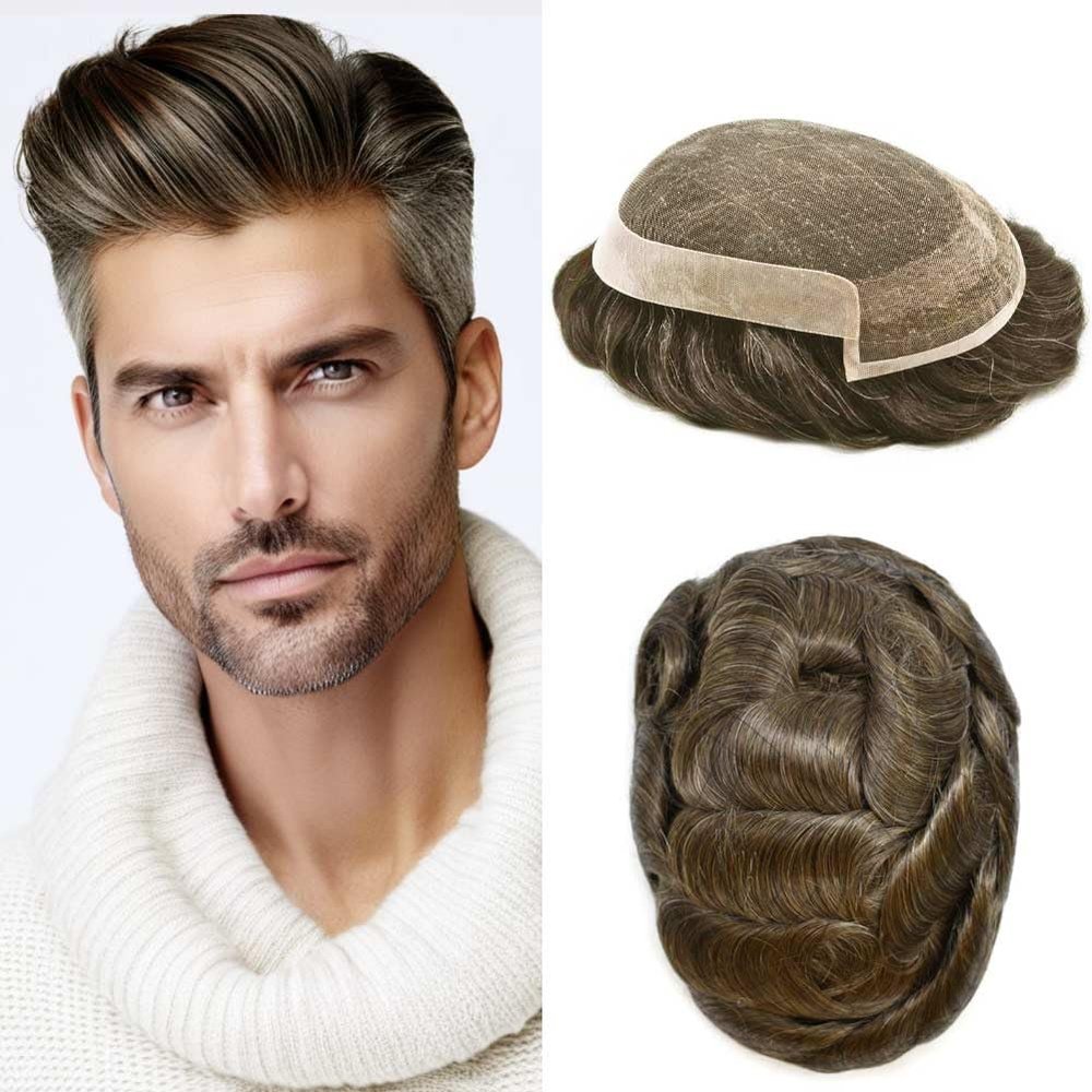 PUNRU HAIR Hair System For Men Swiss Lace Mens Toupee Human Hair Mens Hair Replacement System Toupee For Men Men Hairpiece 6X8 100% light to Medium density7ASH#