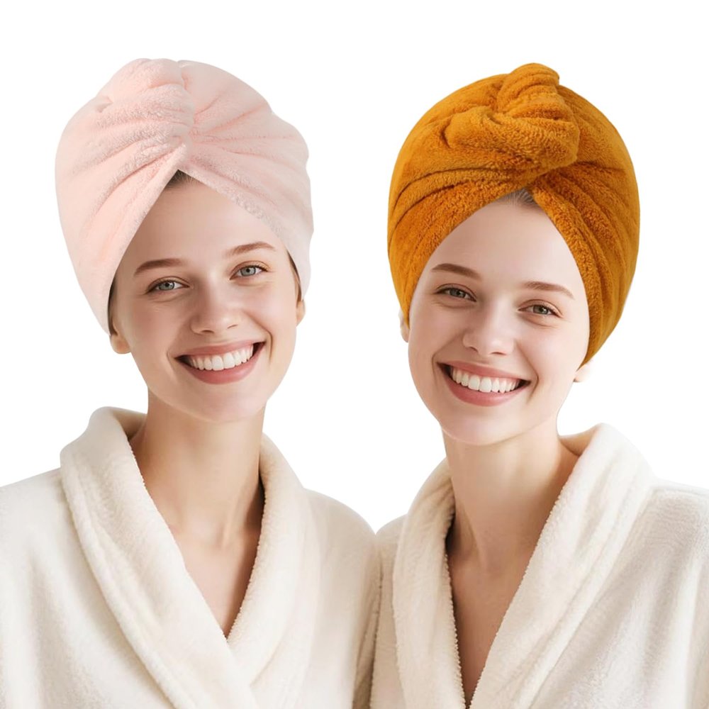 AGKXHDEC 2 Packs Microfiber Towel, Hair Turbans for Wet Hair, Drying Hair Wrap for Women (Light Pink,Apricot Yellow)