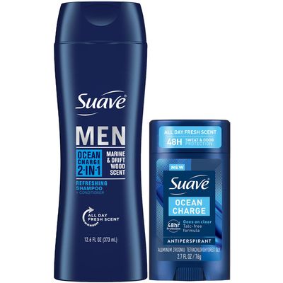 Suave Mens 2-in-1 Shampoo and Conditioner, Ocean Charge + Antiperspirant Deodorant for Men, Ocean Charge, 48H Sweat & Odor Protection (2 Piece Set)