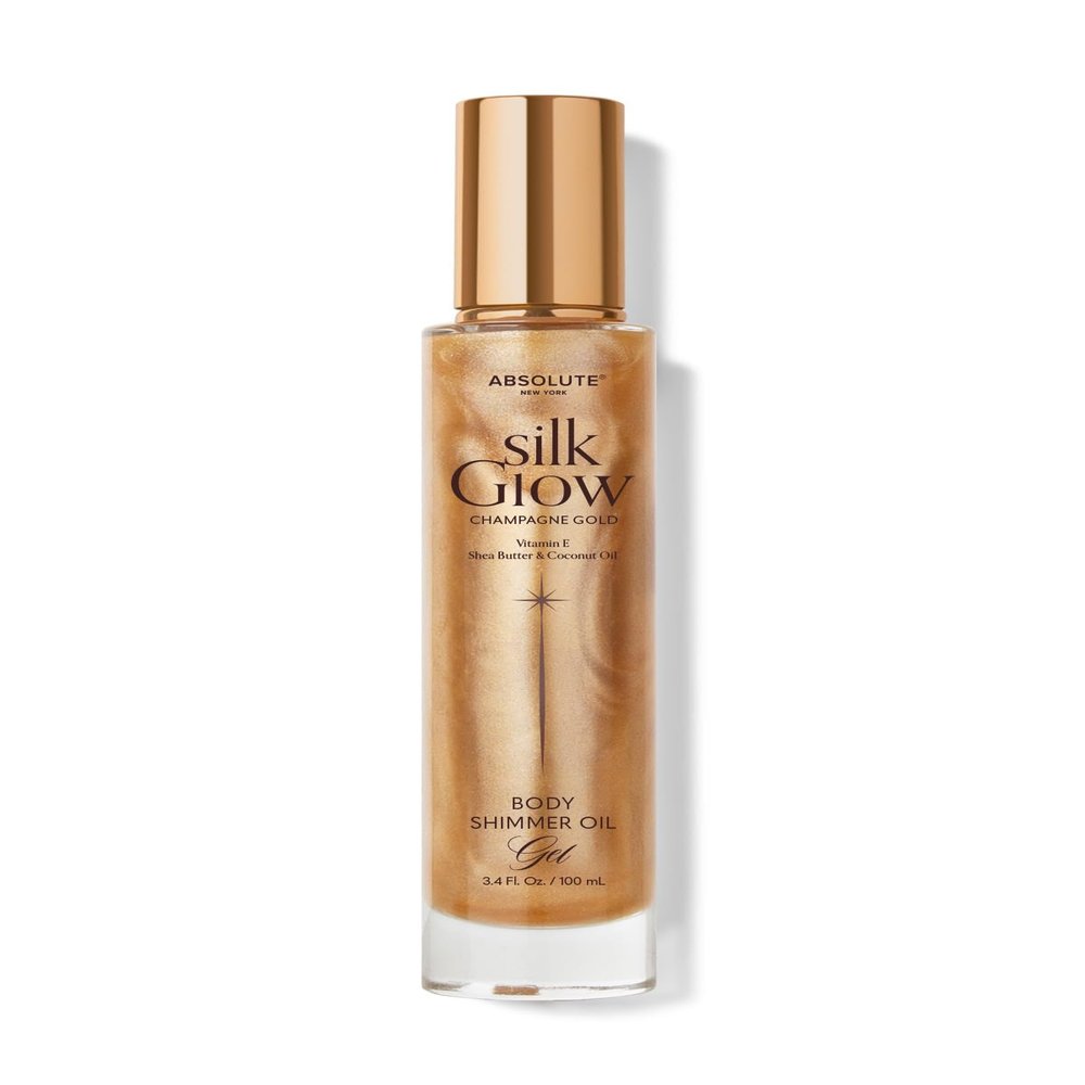 Absolute New York - Silk Glow Shimmer Mist Glow, Radiant, Shimmer Body & Face & Hair, Shea Butter, Coconut Oil, Vitamin E (SBGS05 Champagne Gold Oil Gel, 3.4 fl oz)