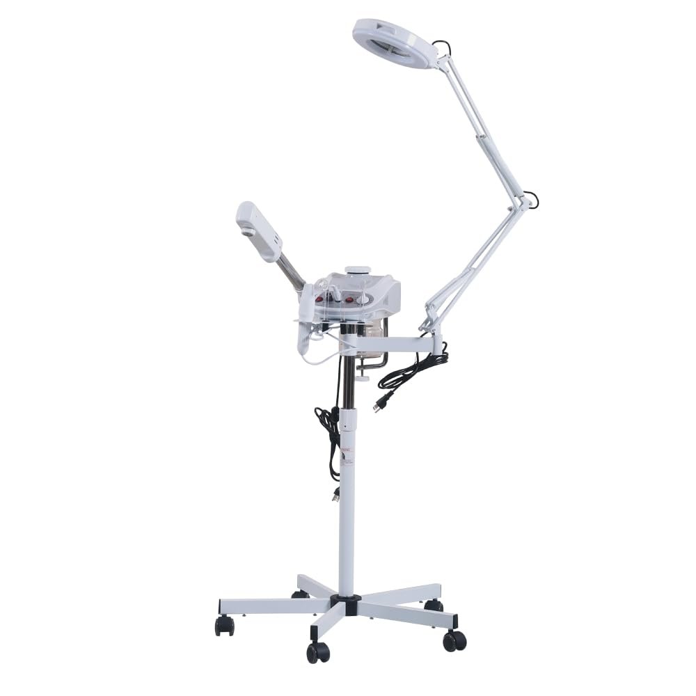 Professional Facial Steamer with Magnifying Lamp, Rolling Stand, Adjustable Height, White