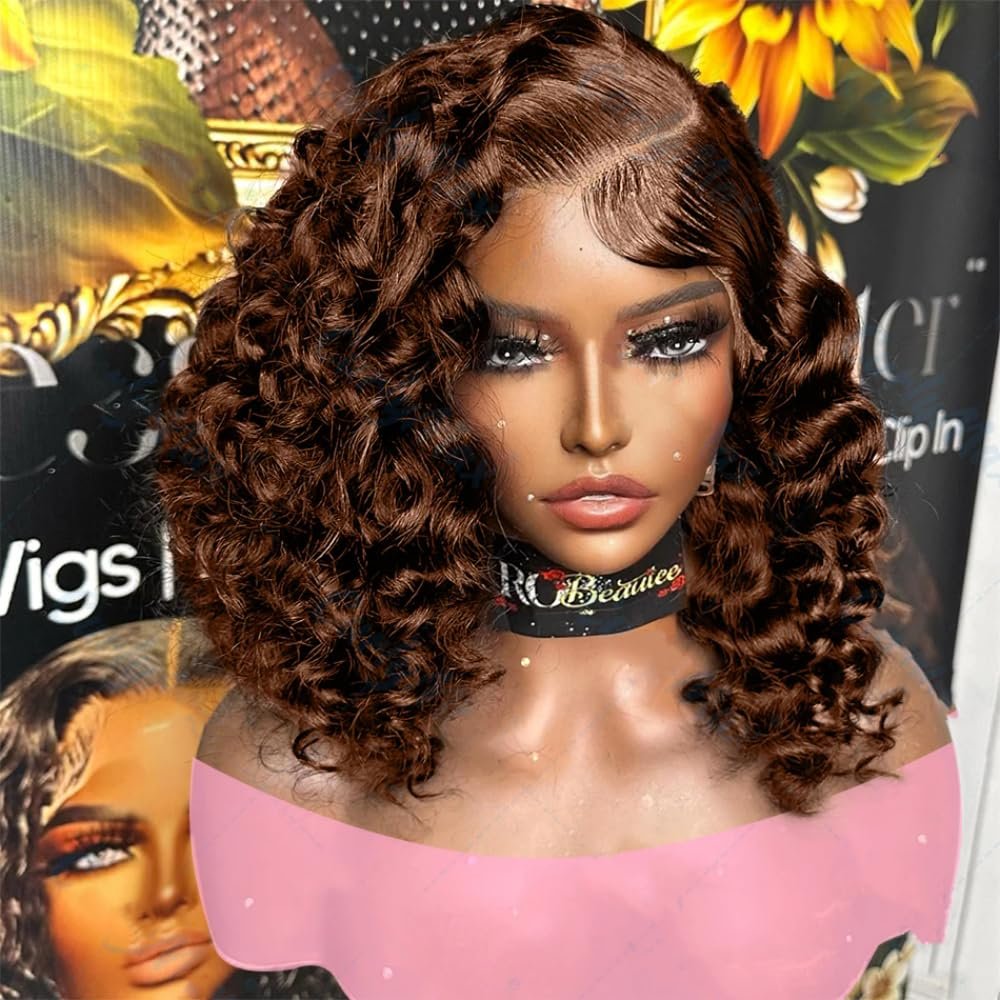 13x4 lace Short Bob Bouncy Egg Deep Loose Wave Chocolate Brown Honey Brown Colored #4 HD Transparent Lace Front Wig 150% Density Glueless Wig 100% Human Hair Wigs Brazilian remy hair Pre Plucked