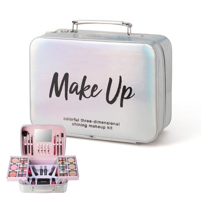 Beginner's Makeup Bag for Teenage Girls, Complete Set with Eyeshadow, Lipstick, Blush, Brushes, Lip Gloss, Mascara and Mirror Pink Complete Beginner's Cosmetic Set (Silver)