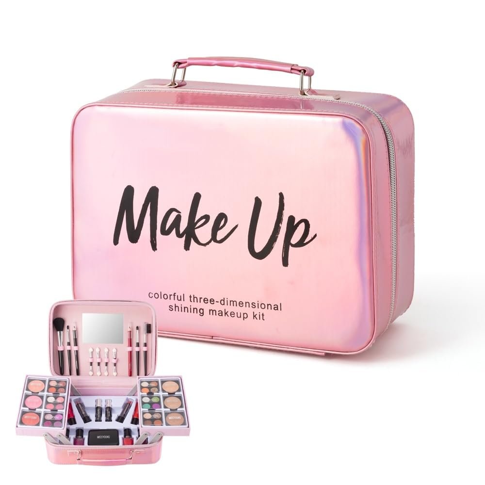 Beginner's Makeup Bag for Teenage Girls, Complete Set with Eyeshadow, Lipstick, Blush, Brushes, Lip Gloss, Mascara and Mirror Pink Complete Beginner's Cosmetic Set (Pink)