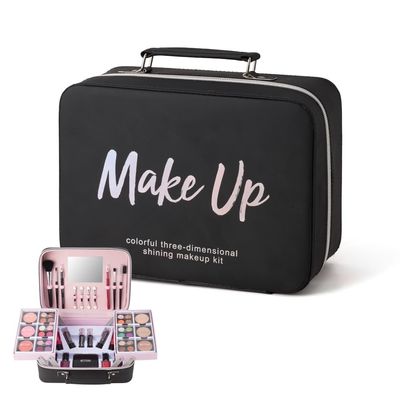 Beginner's Makeup Bag for Teenage Girls, Complete Set with Eyeshadow, Lipstick, Blush, Brushes, Lip Gloss, Mascara and Mirror Pink Complete Beginner's Cosmetic Set (Black)