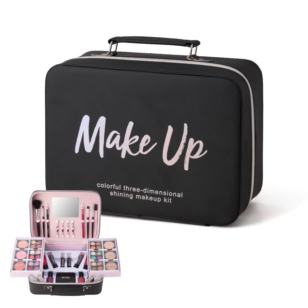 Beginner's Makeup Bag for Teenage Girls, Complete Set with Eyeshadow, Lipstick, Blush, Brushes, Lip Gloss, Mascara and Mirror Pink Complete Beginner's Cosmetic Set (Black)