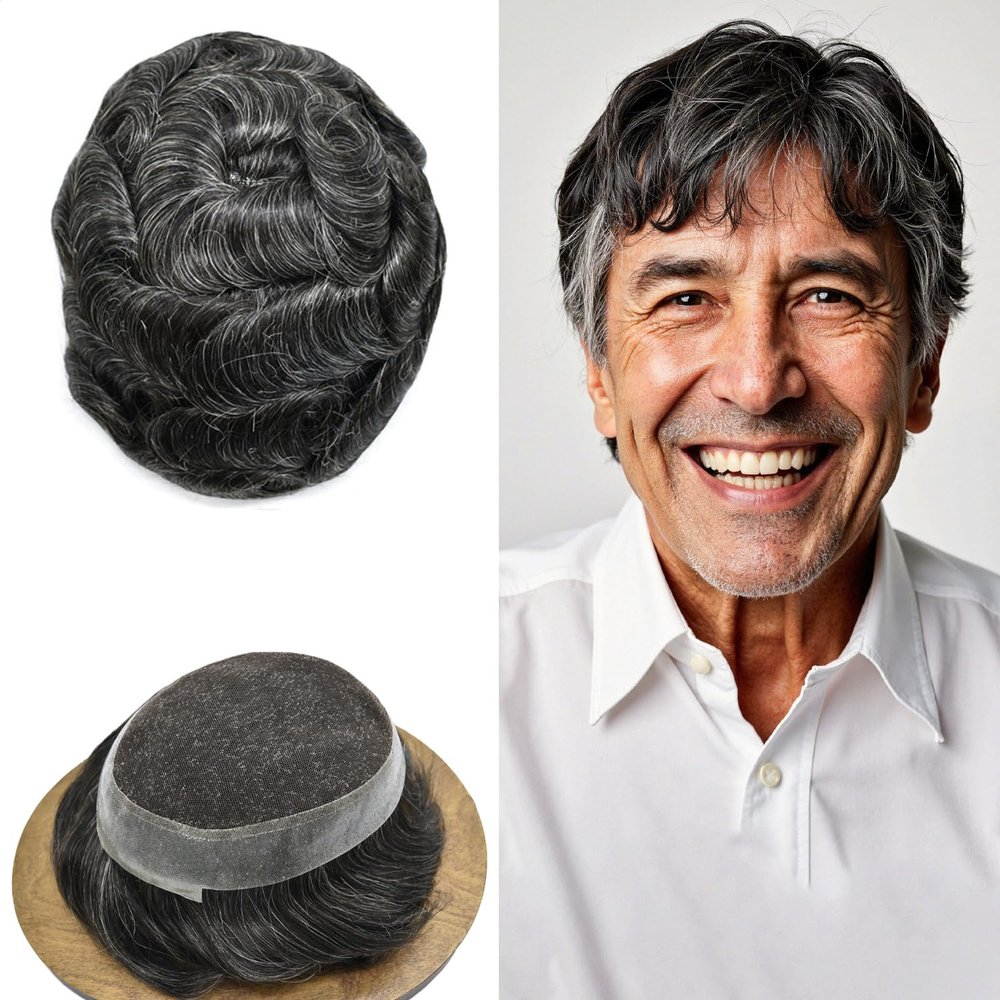 Hair Wonders Mens Hairpiece Human Hair Swiss Lace Hair System for Men Toupee Replacement Systems Natural Looking Toupee for Men 6X9#1B30#1B Off Black+30% Grey 80% Light Density
