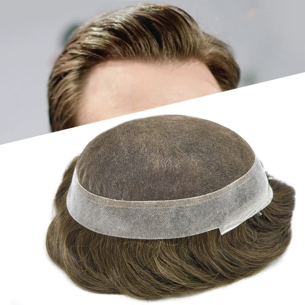 Hair Wonders Mens Hairpiece Human Hair Swiss Lace Hair System for Men Toupee Replacement Systems Natural Looking Toupee for Men 6X9#4 Medium Brown 90% Light Density