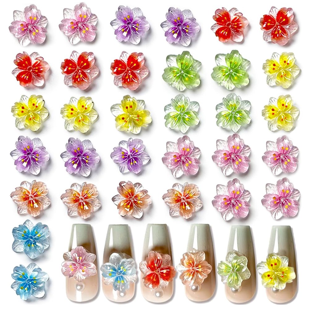 50pcs 3D Colorful Flower Nail Charms Resin Translucent Summer Nail Jewelry