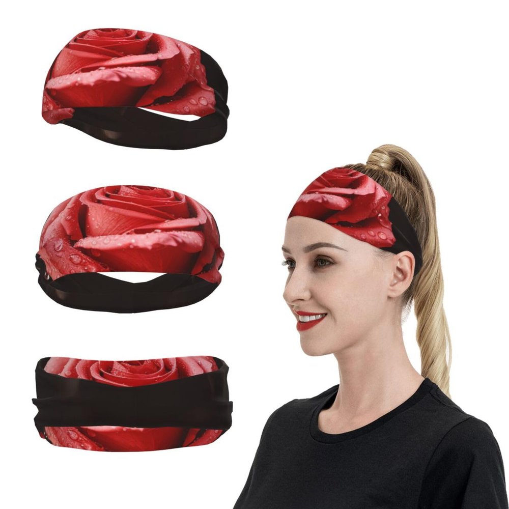 Red Roses and Love Sports Headbands for Men Women Sweatbands Moisture Wicking Workout Sweat Bands Mens Running Headband Sweat Head Bands for Tennis Stretchy Hairband