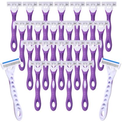 Leriton 96 Count Women's Disposable Razors Bulk Purple 3 Blade Sensitive Skin Bikini Line Razor for Bathing Hotel Travel