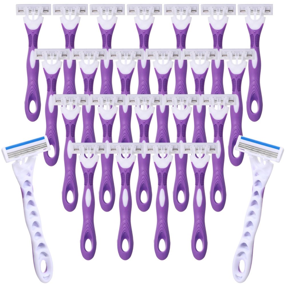 Leriton 96 Count Women's Disposable Razors Bulk Purple 3 Blade Sensitive Skin Bikini Line Razor for Bathing Hotel Travel
