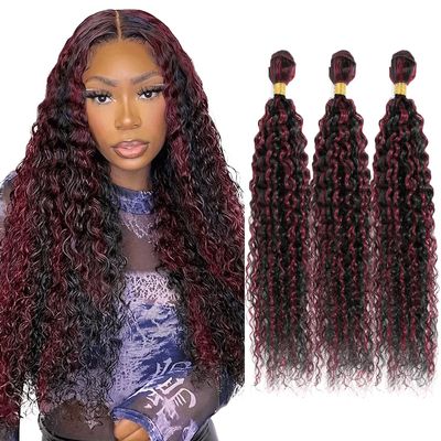 20 22 24 Inch Highlight Bundles P1B99J Curly Wave Human Hair Bundle Ombre Burgundy Bundles Two Tone Black Mixed With Burgundy Bundle 99J Red Hair Weave