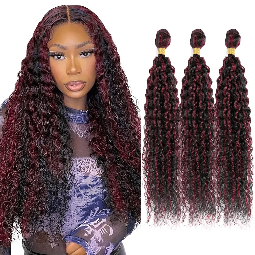 20 22 24 Inch Highlight Bundles P1B99J Curly Wave Human Hair Bundle Ombre Burgundy Bundles Two Tone Black Mixed With Burgundy Bundle 99J Red Hair Weave