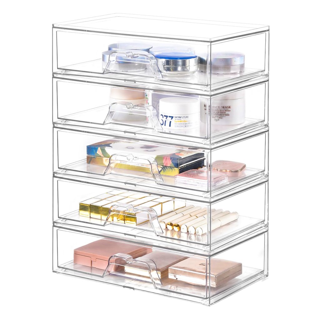 5 Pack Makeup Organizer Stackable, 12.1''L Bathroom Organizer and Storage Acrylic Undersink Drawer Organizer, Cosmetics and Beauty Supplies,Clear Plastic Storage Bins for Vanity,Pantry,Cabinet,Kitchen