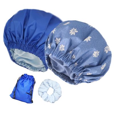 2Pcs Genergy Luxury Satin lined Shower Cap for Women Waterproof Adjustable Baths Bonnet Reusable Extra Large Double Layers and Reversible Elastic Bath Hair Shower Caps