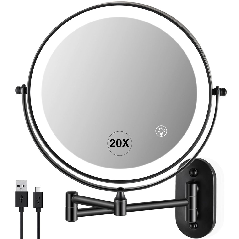 VORREMIRR Wall Mounted Makeup Mirror: 1x/20X Magnifying Mirror with Light, 8.5" Double Sided Lighted Makeup Mirror with Magnification, Vanity Mirror for Bathroom, Brush Black