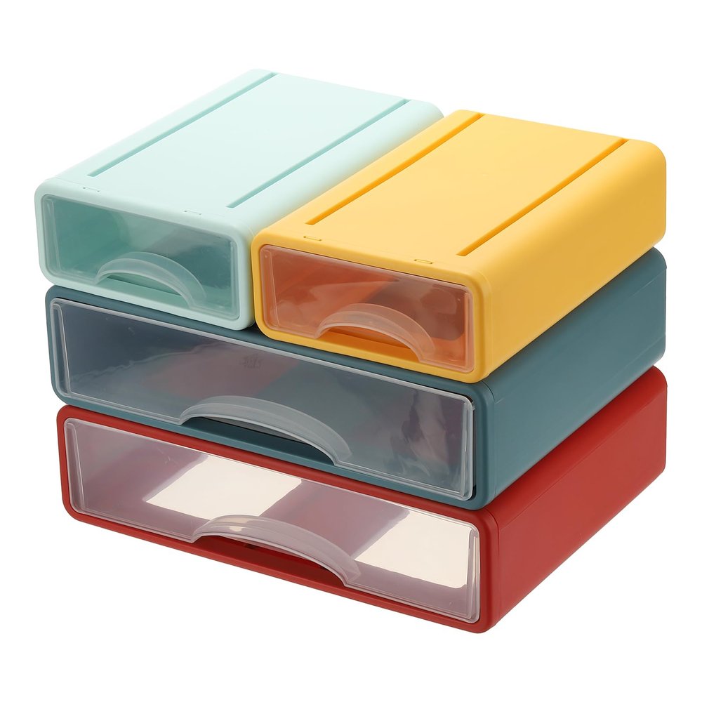PATIKIL Small Stackable Storage Drawers, Stacking Drawers Mini Desk Bathroom Storage Organizer Cute Drawer Organizer Plastic for Desktop Office Pens Makeup, 4Pcs,Yellow/Blue/Light Blue/Red