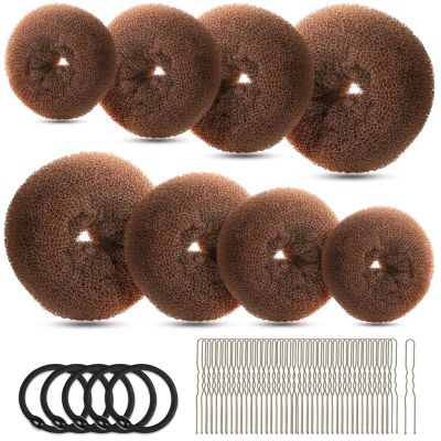 FANDAMEI Hair Bun Maker Set- 8 PCS Hair Donuts for Buns (2 Extra-large,2 Large,2 Medium and 2 Small), 40 PCS Bobby Pins, 5 PCS Hair Elastic Ties Black,Bun Maker - Light Brown