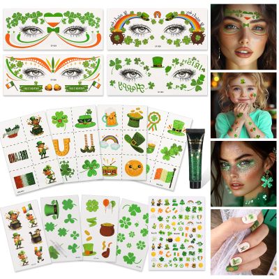 14PCS St Patricks Day Temporary Tattoos Kit12 Sheets Shamrock Irish Party Temporary Tattoos,3D Nail Art Stickers,Green Body GlitterWaterproof Safety Saint Patricks Day Accessories for Kids Women Men