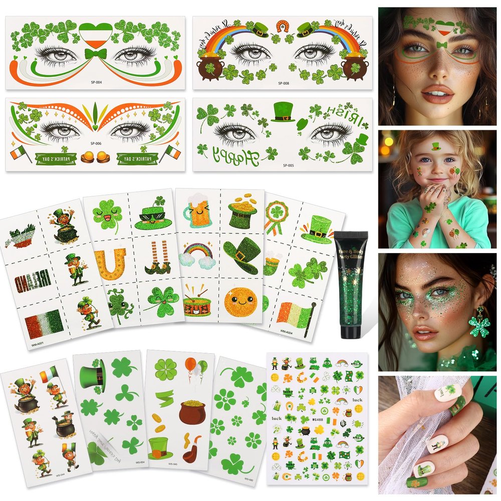14PCS St Patricks Day Temporary Tattoos Kit12 Sheets Shamrock Irish Party Temporary Tattoos,3D Nail Art Stickers,Green Body GlitterWaterproof Safety Saint Patricks Day Accessories for Kids Women Men
