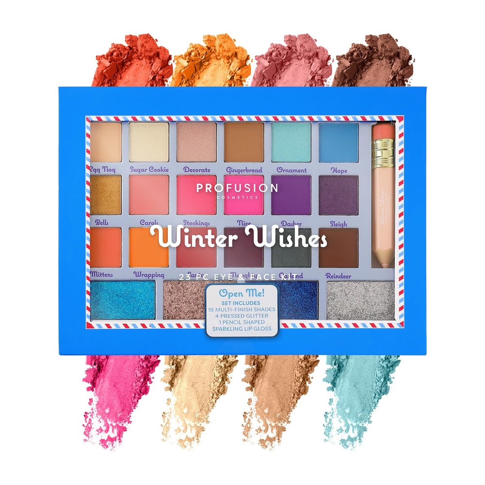 Profusion Cosmetics Winter Wishes Eye and Face Makeup Palette  Features 18 Multi Finish Shades, 4 Pressed Glitter and 1 Pencil Shaped Sparkling Lipgloss, Blendable, Vegan & Cruelty-Free