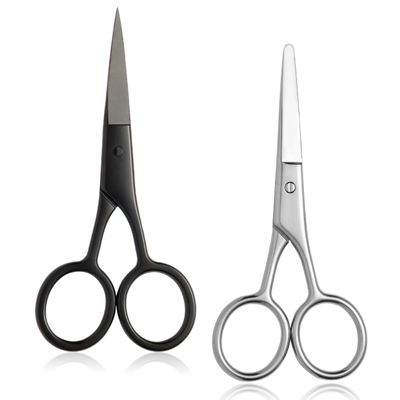 2PCS Small Grooming Scissors for Men and Women, Facial Hair Trimming Scissors with Straight & Rounded Safety Tips for Eyebrows, Nose Hair, Beard, Mustache, Eyelashes, and Ear Hair - Silver & Black