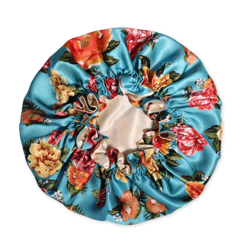100% Mulberry Silk Bonnet for Women  Handmade in USA, 19 Momme Double-Layer Reversible Hair Wrap, Non-Slip Sleep Cap for Curly & Natural Hair, Luxury Hair Protection (Blue Peonies)