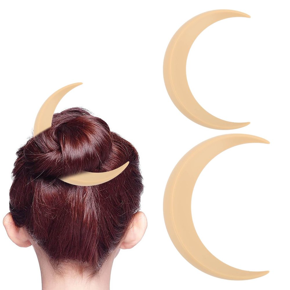 2PCS Moon Hair Fork, Hair Sticks Moon Hair Clip Sailor Crescent Moon Hair Accessories Portable Moon Hairpin Hair Styling Tool 2 Sizes (Beige)