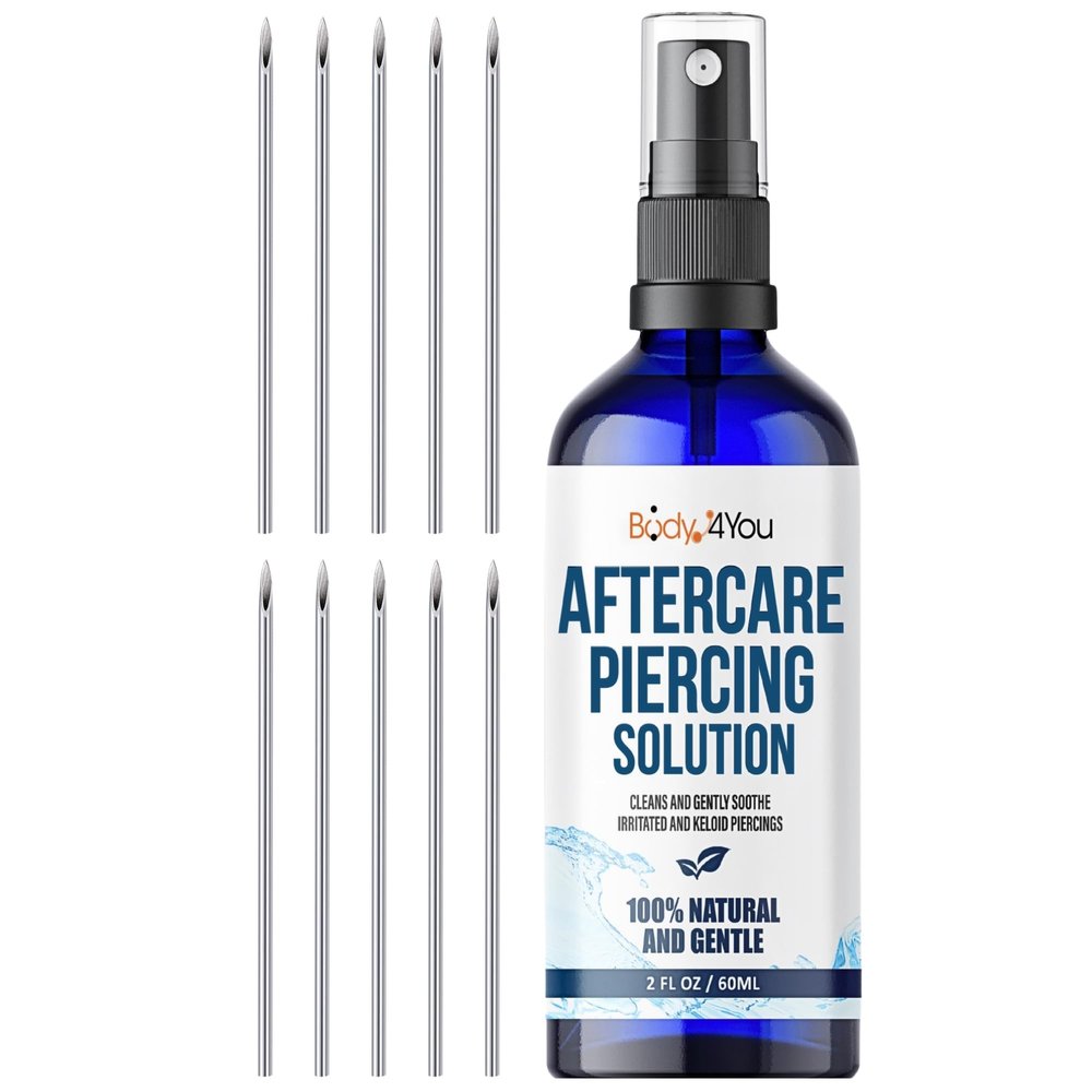 BodyJ4You Piercing Aftercare Spray w 10PC Piercing Needles 16G - Saline Cleaning Solution Nose Belly Ear Piercing Cleaner - Wound Wash Keloid Treatment Piercing Bump Removal