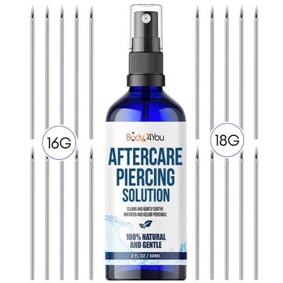 BodyJ4You Piercing Aftercare Spray w 20PC Piercing Needles 16G 18G - Saline Cleaning Solution Nose Belly Ear Piercing Cleaner - Wound Wash Keloid Treatment Piercing Bump Removal