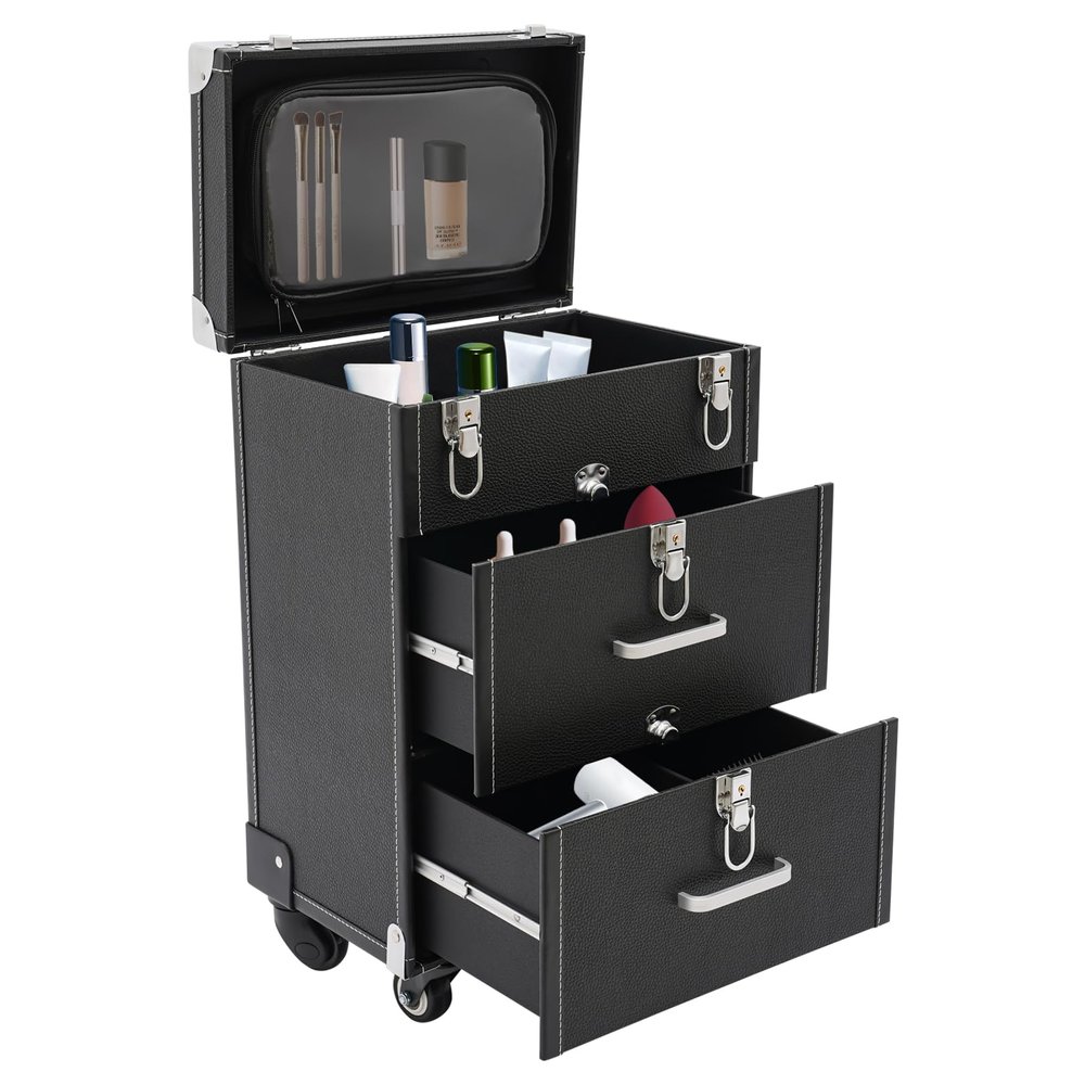 DUIBAII 3 in 1 Professional Rolling Makeup Train Case, Makeup Organizer Suitcase, Travel Beauty Luggage Trolley Lockable Make up Case for Travel Makeup/Nail Art/Hair Styling, Matte Black