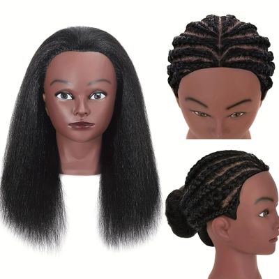 African Human Hair Mannequin Head for Braiding, 16 inch Cosmetology Manikin Doll Head with Real Hair for Styling Black Mannequin Head with Stand