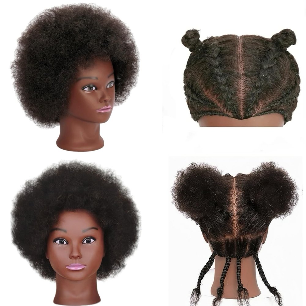 African Braiding Mannequin Head with 100% Human Hair, Cosmetology Mannequin Head with 8 Inch Afro Kinkys Curly Hair Training Manikin Doll Heads for Practice Braiding