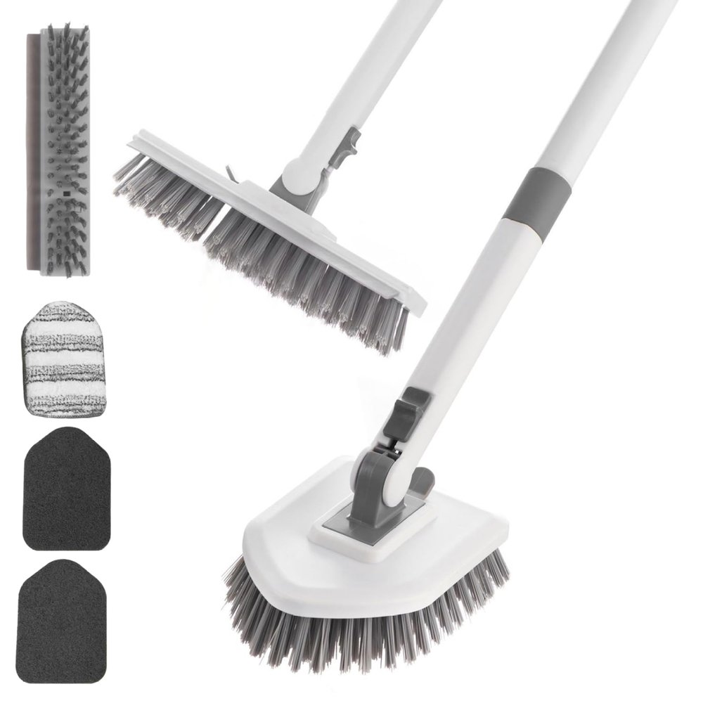 Bathtub Scrubber with Long Handle, 4 in 1 Scrub Brush for Shower, 180 Adjustable Shower Brush Cleaner, Bathroom Cleaning Tools Toilet Kitchen Glass Tile