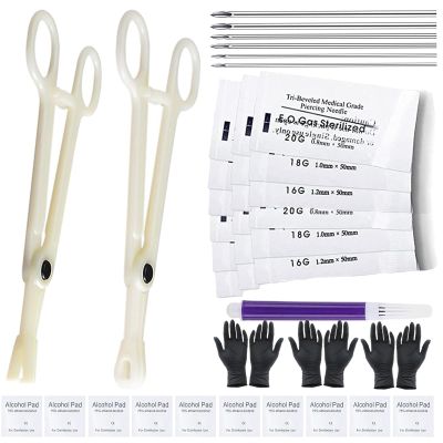 Ear Nose Piercing Kit 31pcs - Usiriy Piercing Needle Kit Piercing Needles Clamps Kit 16G 18G 20G Mixed Hollow Needles with 2 Piercing Clamps Forceps for Ear Nose Navel Nipple Lip Septum Body Piercing