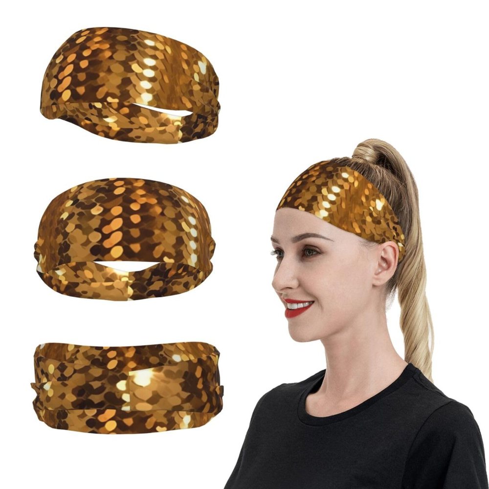 Gold Sequin Sparkle Sports Headbands for Men Women Sweatbands Moisture Wicking Workout Sweat Bands Mens Running Headband Sweat Head Bands for Tennis Stretchy Hairband
