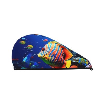 FHEBNDS Microfiber Hair Towel Cap Absorbent Hair Turban Towel Coral Velvet Hair Drying Towel Quick Dry Hair Wrap Cap with Button Sea Fishes Bath Cap Hair Cap Gift for Women