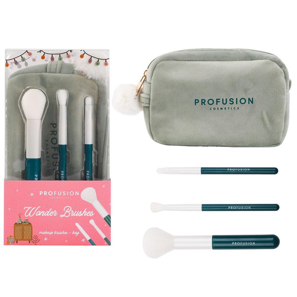Profusion Cosmetics Makeup Brush Set with Cosmetic Bag  3pc Wonder Brushes for Foundation, Blush & Concealer | Soft, Fluffy, Vegan & Cruelty-Free Tools