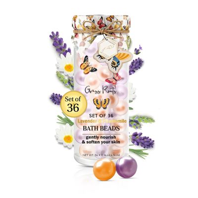 Grass Roots Bath Oil Beads Set of 36 - Lavender & Chamomile Scented Bath Beads - Essential Oil Soaked Pearls to Gently Nourish & Soften Skin - Luxurious Bath Experience