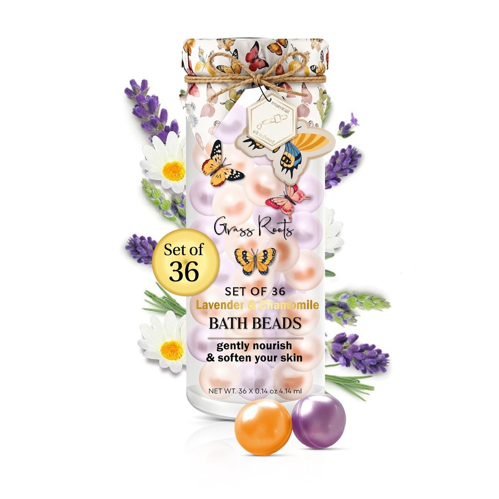 Grass Roots Bath Oil Beads Set of 36 - Lavender & Chamomile Scented Bath Beads - Essential Oil Soaked Pearls to Gently Nourish & Soften Skin - Luxurious Bath Experience