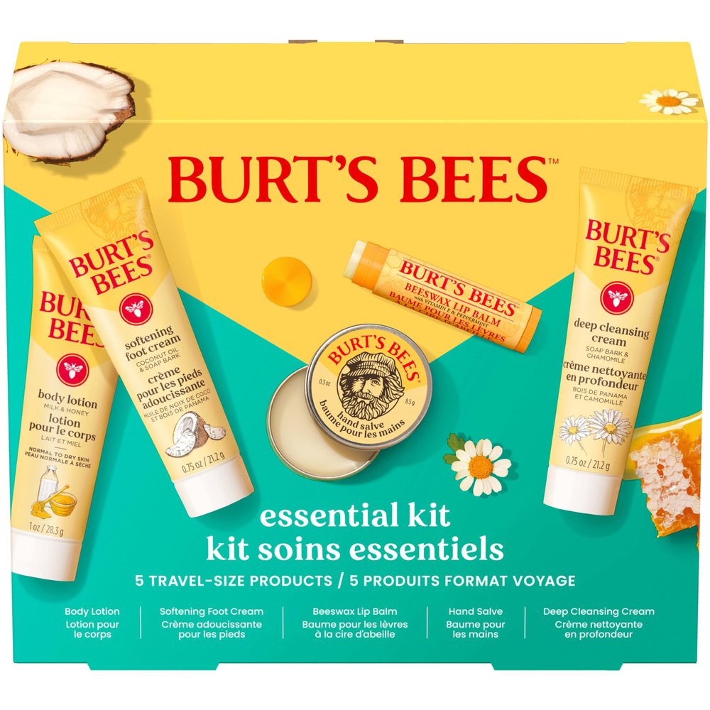 Burt's Bees Gift Ideas - Essentials Everyday Set, 5 Travel Size Products - Deep Cleansing Cream, Hand Salve, Body Lotion, Foot Cream and Original Lip Balm