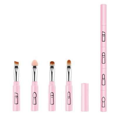 4-in-1 Portable Makeup Brush for Blending Sponge, Eyeshadow, Eyebrow & Liner Makeup Brush, Portable Travel Brush (Pink)