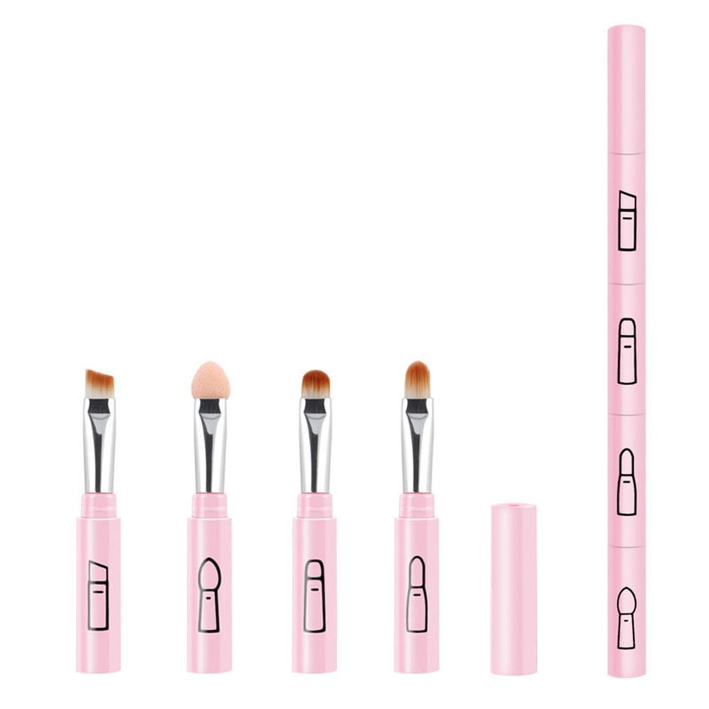 4-in-1 Portable Makeup Brush for Blending Sponge, Eyeshadow, Eyebrow & Liner Makeup Brush, Portable Travel Brush (Pink)