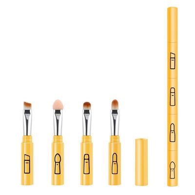 4-in-1 Portable Makeup Brush for Blending Sponge, Eyeshadow, Eyebrow & Liner Makeup Brush, Portable Travel Brush (Yellow)