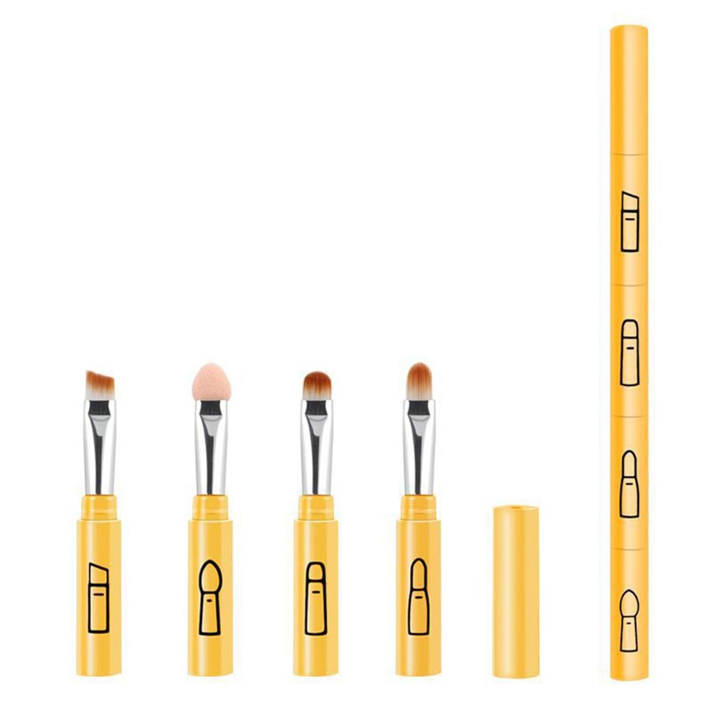 4-in-1 Portable Makeup Brush for Blending Sponge, Eyeshadow, Eyebrow & Liner Makeup Brush, Portable Travel Brush (Yellow)