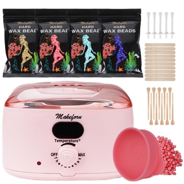 Makeforu Brazilian Waxing Kit - Bikini & Full Body Hair Removal with Digital Warmer, 4 Scented Wax Beads & 27 Silicone Tools - Home Waxing for Women & Men, Face & Body Care (Pink)