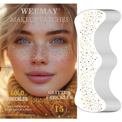 15 Pcs Gold Glitter Freckles Face Tattoo, Gold glitter Freckles Makeup Patches, Waterproof Sparkle Freckles, Glitter Freckles Face Temporary Tattoos for Women